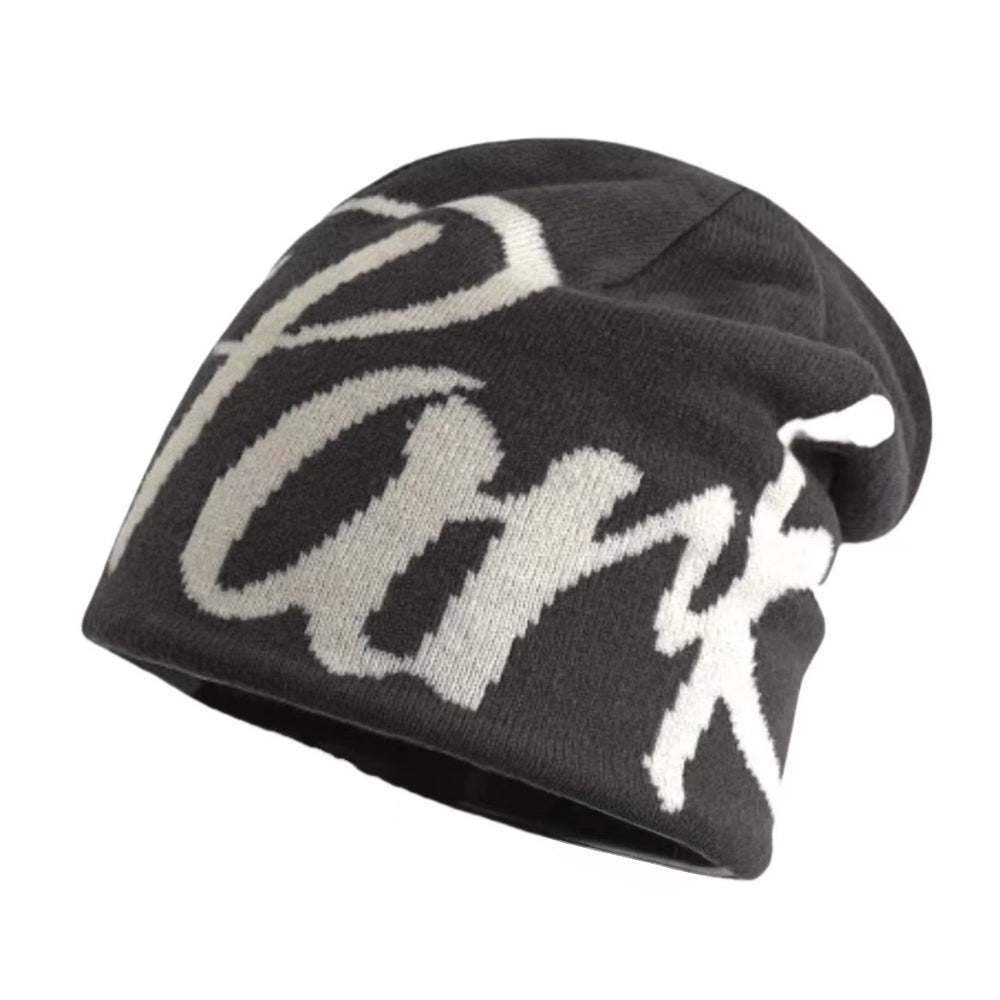 York Streetwear Cursive Knit Beanie - Dark Grey & White
