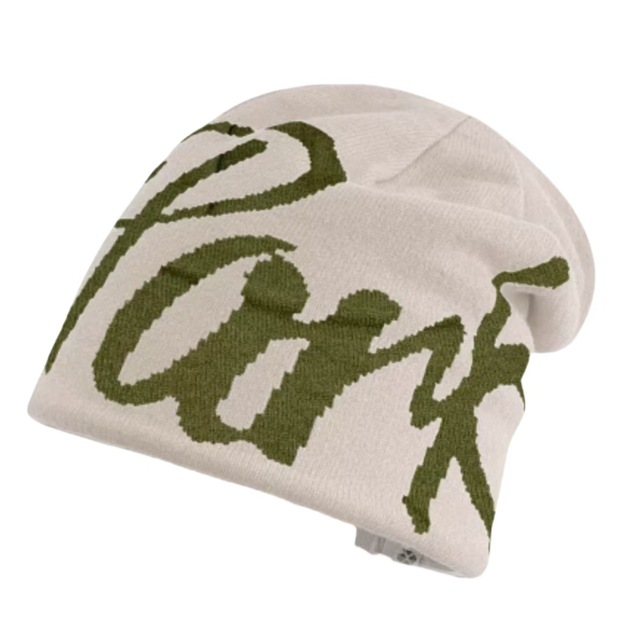 York Streetwear Cursive Knit Beanie - Beige & Army Green