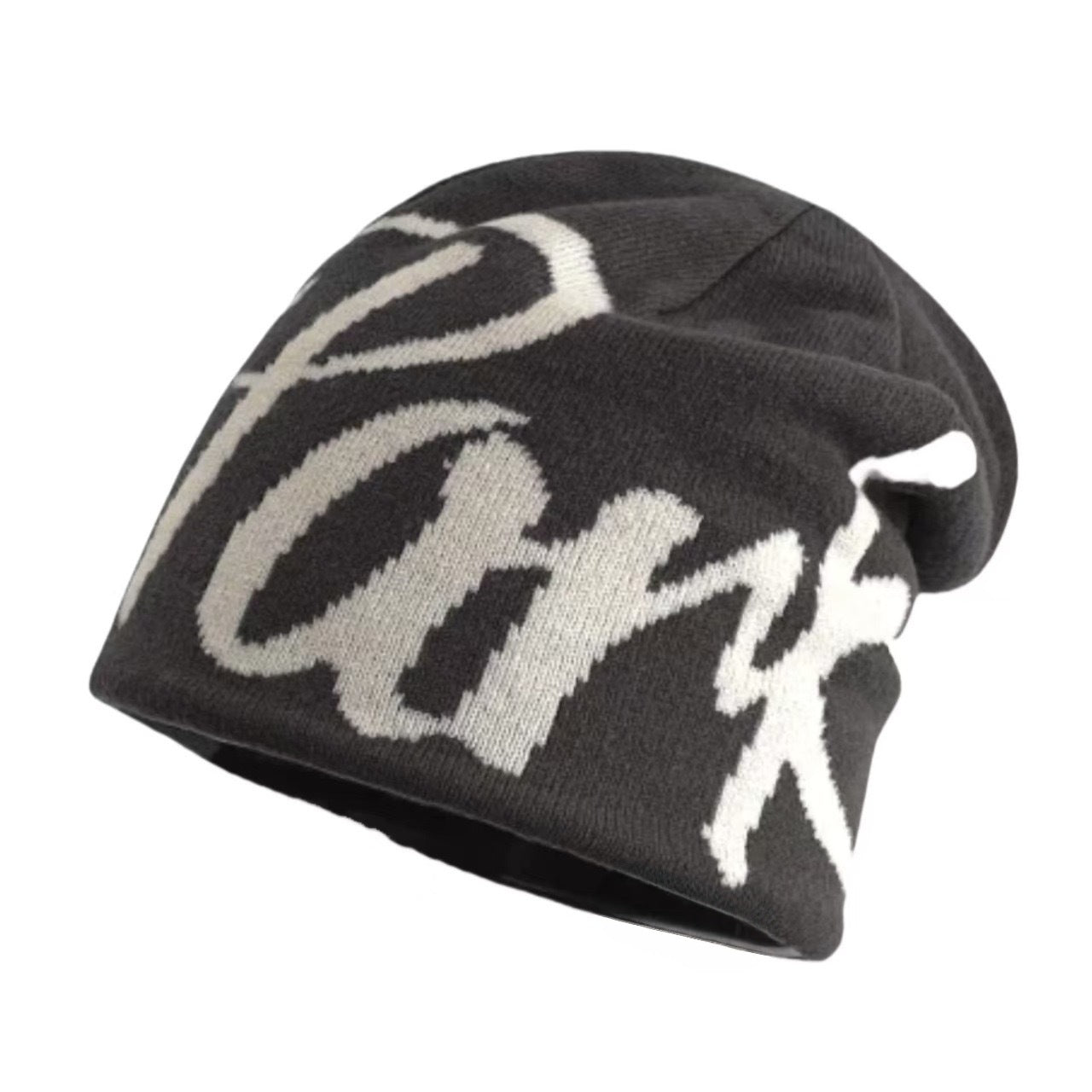York Streetwear Cursive Knit Beanie - Dark Grey & White
