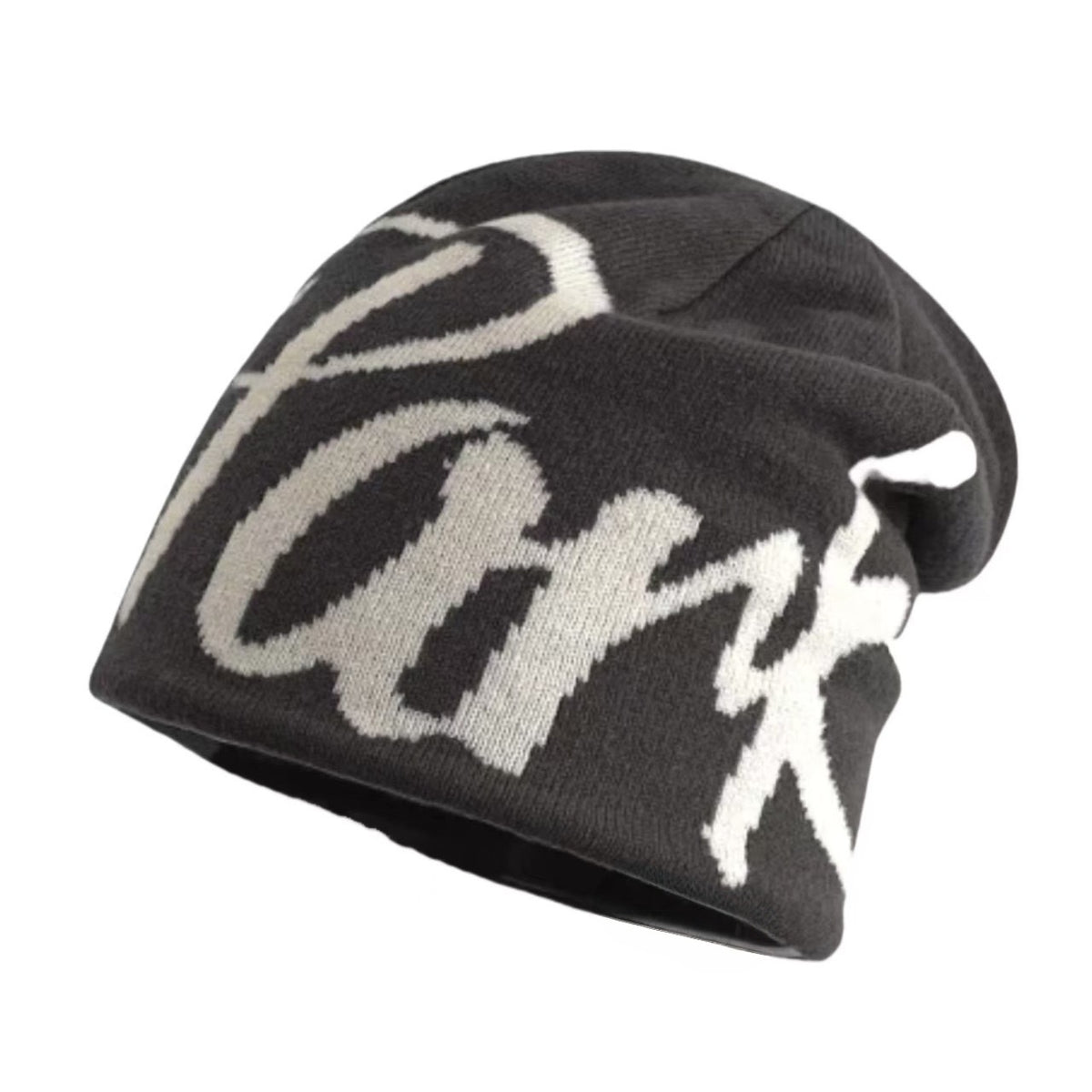 York Streetwear Cursive Knit Beanie - Dark Grey & White